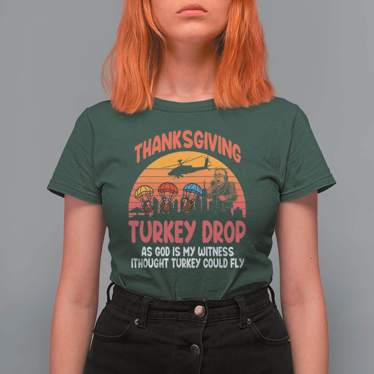 Retro Thanksgiving Turkey Drop T Shirt For Women Parachuting Turkeys Funny 70s Parody - Wonder Print Shop