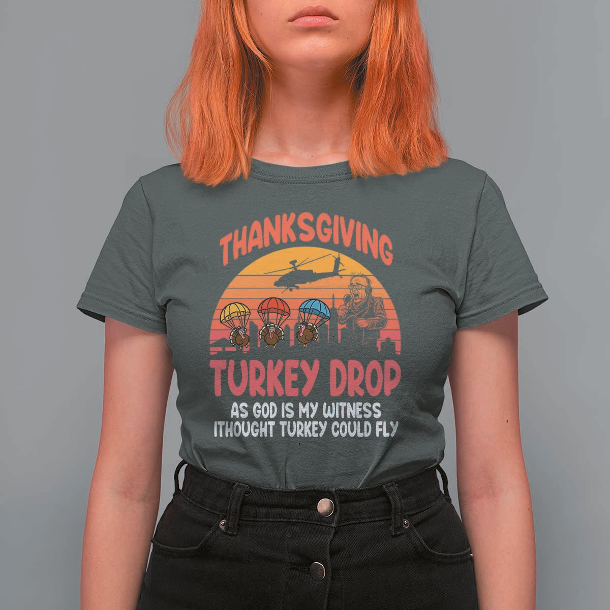 Retro Thanksgiving Turkey Drop T Shirt For Women Parachuting Turkeys Funny 70s Parody - Wonder Print Shop