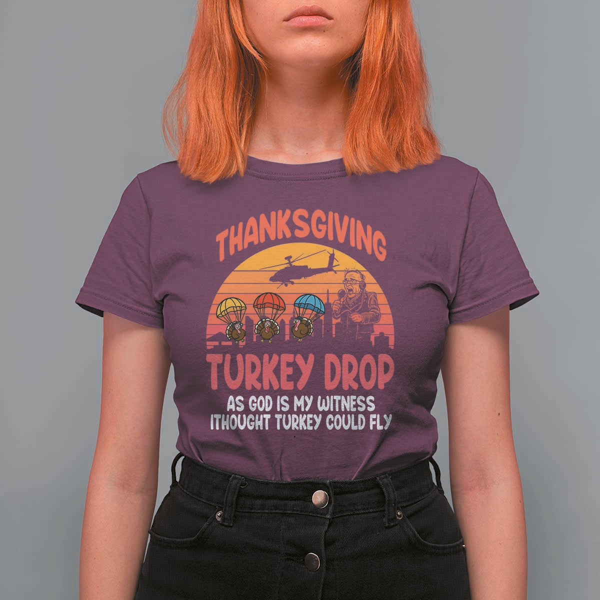 Retro Thanksgiving Turkey Drop T Shirt For Women Parachuting Turkeys Funny 70s Parody - Wonder Print Shop