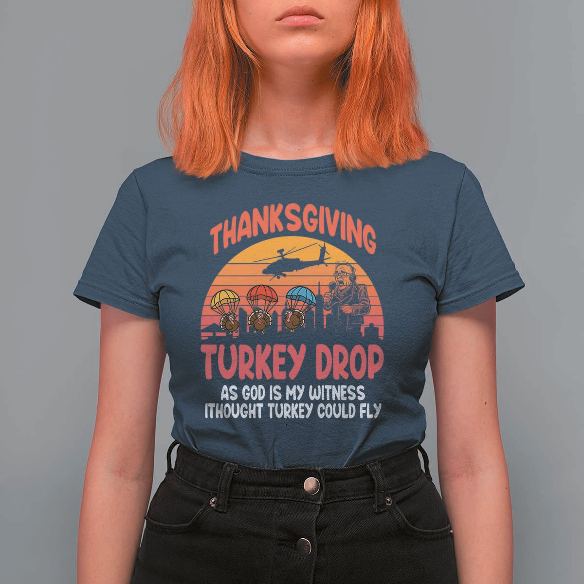 Retro Thanksgiving Turkey Drop T Shirt For Women Parachuting Turkeys Funny 70s Parody - Wonder Print Shop