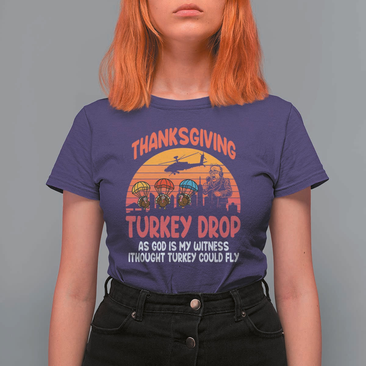 Retro Thanksgiving Turkey Drop T Shirt For Women Parachuting Turkeys Funny 70s Parody - Wonder Print Shop
