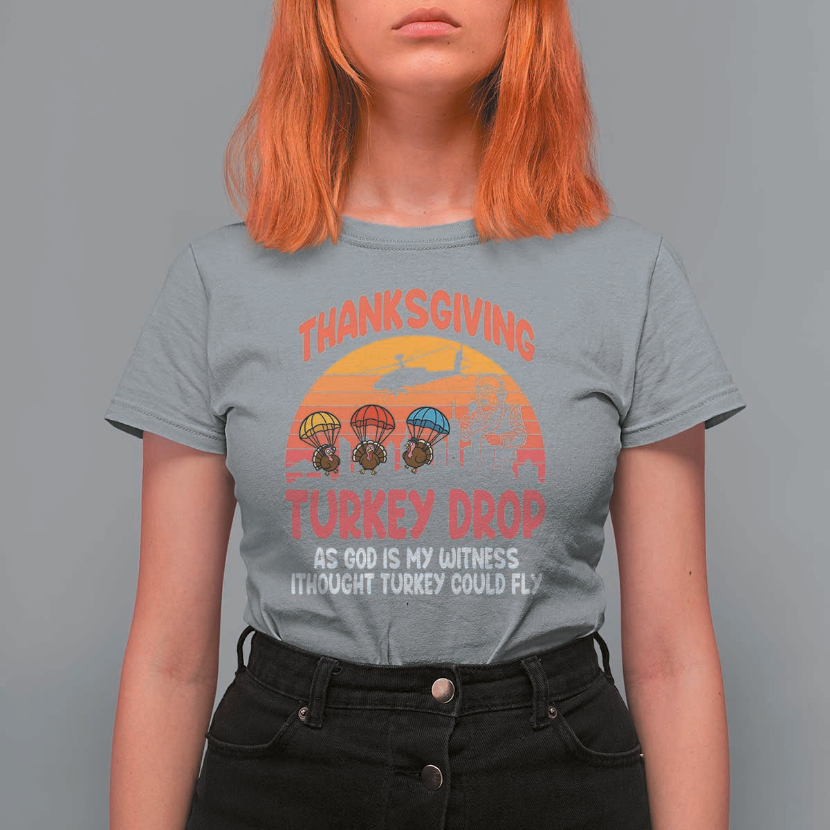 Retro Thanksgiving Turkey Drop T Shirt For Women Parachuting Turkeys Funny 70s Parody - Wonder Print Shop
