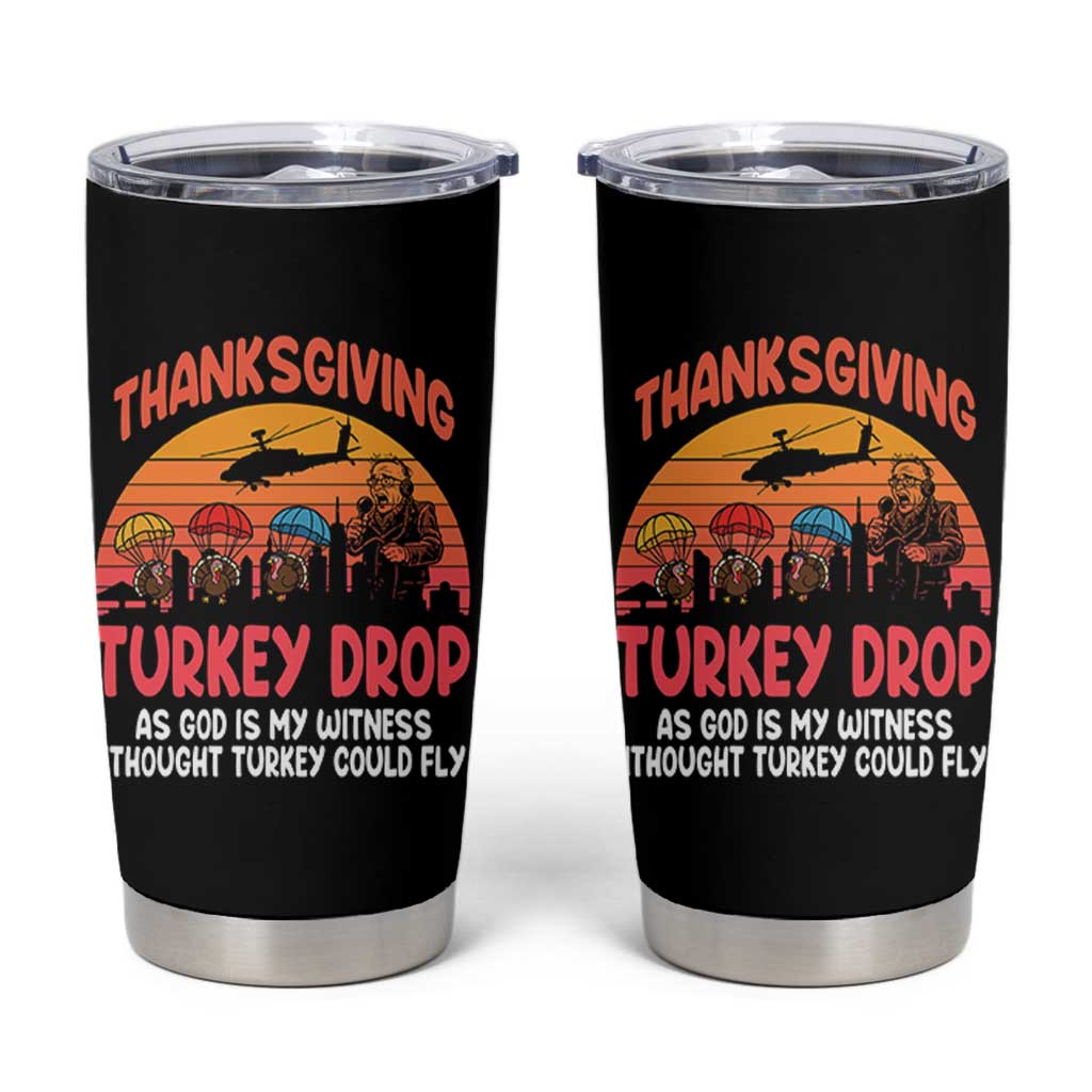 Retro Thanksgiving Turkey Drop Tumbler Cup Parachuting Turkeys Funny 70s Parody - Wonder Print Shop
