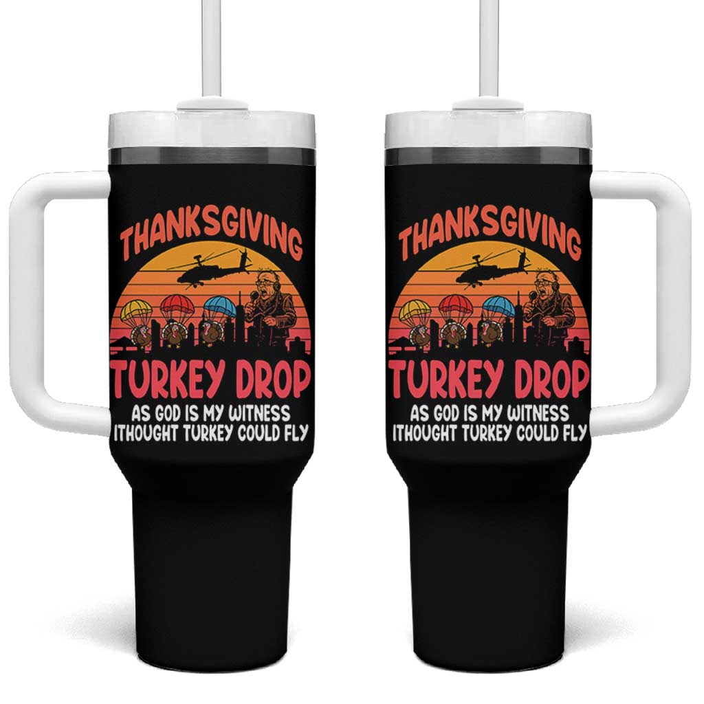 Retro Thanksgiving Turkey Drop Tumbler With Handle Parachuting Turkeys Funny 70s Parody - Wonder Print Shop