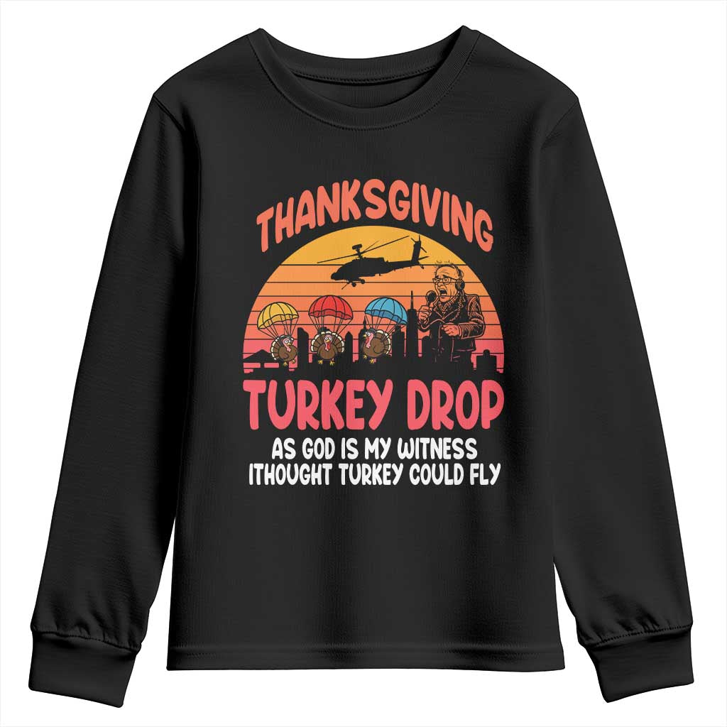 Retro Thanksgiving Turkey Drop Youth Sweatshirt Parachuting Turkeys Funny 70s Parody - Wonder Print Shop