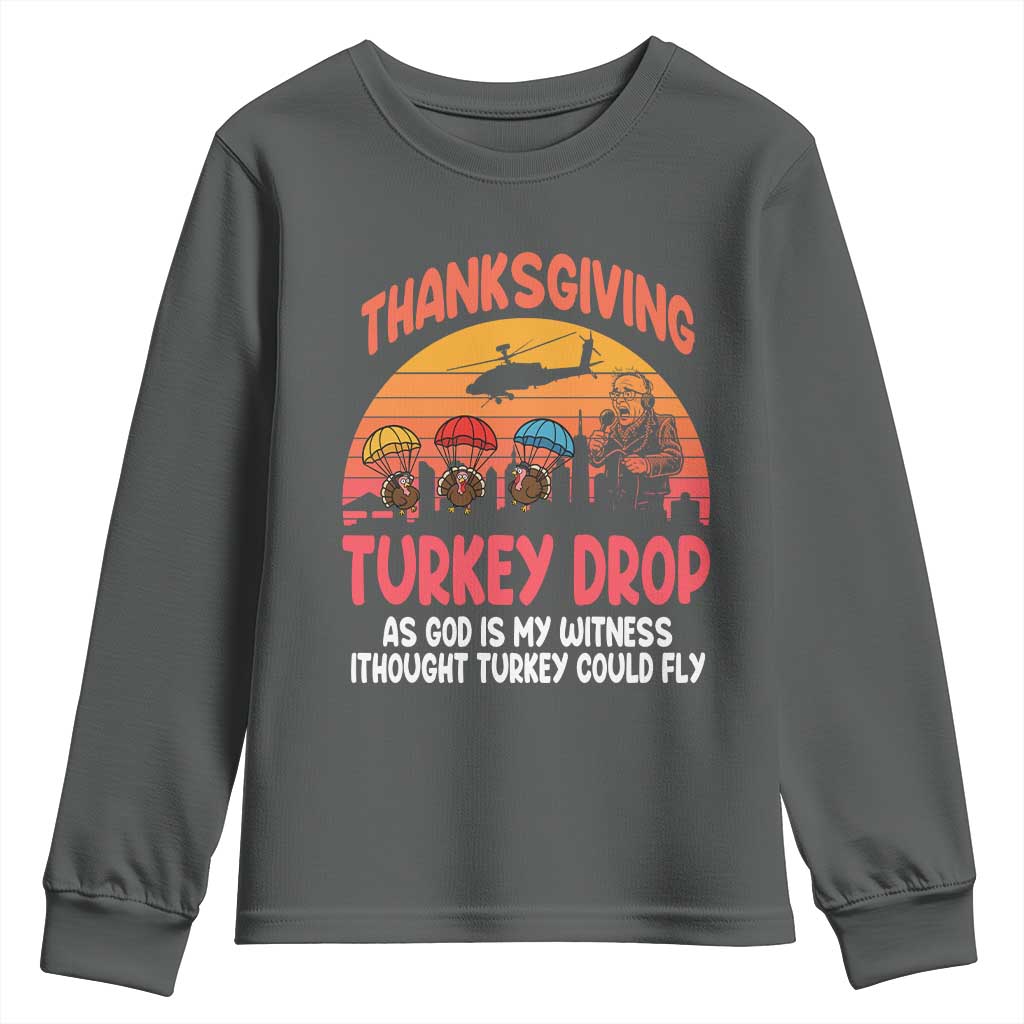 Retro Thanksgiving Turkey Drop Youth Sweatshirt Parachuting Turkeys Funny 70s Parody - Wonder Print Shop