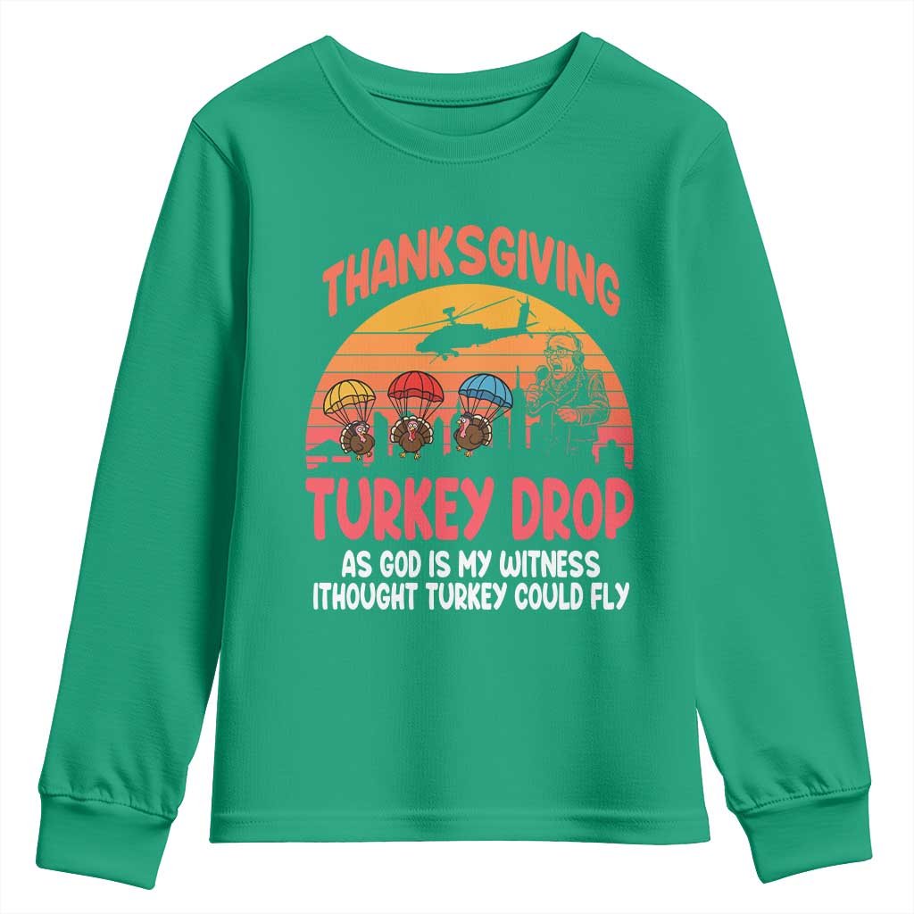 Retro Thanksgiving Turkey Drop Youth Sweatshirt Parachuting Turkeys Funny 70s Parody - Wonder Print Shop