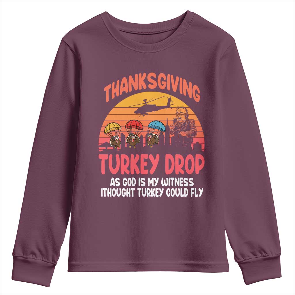 Retro Thanksgiving Turkey Drop Youth Sweatshirt Parachuting Turkeys Funny 70s Parody - Wonder Print Shop
