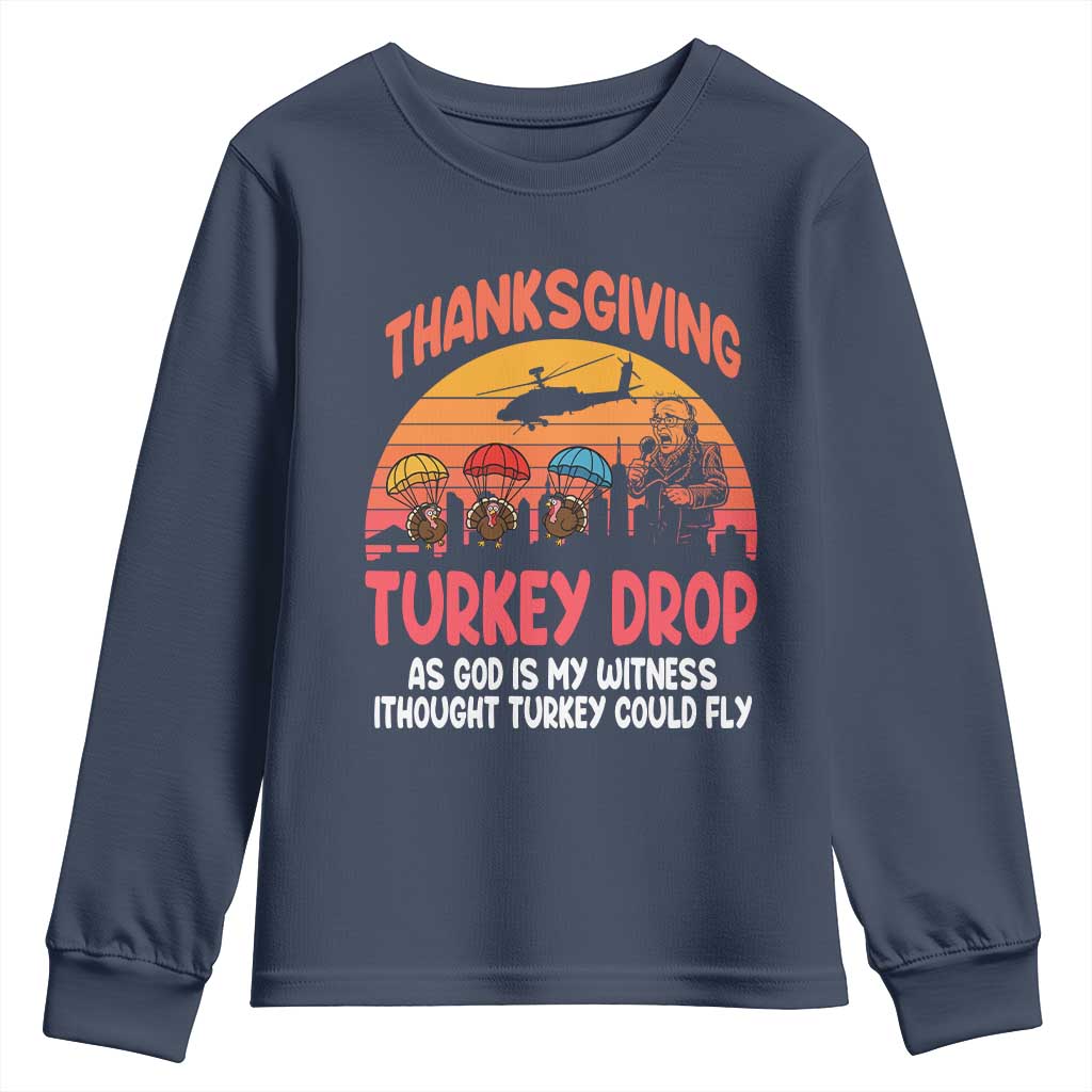 Retro Thanksgiving Turkey Drop Youth Sweatshirt Parachuting Turkeys Funny 70s Parody - Wonder Print Shop