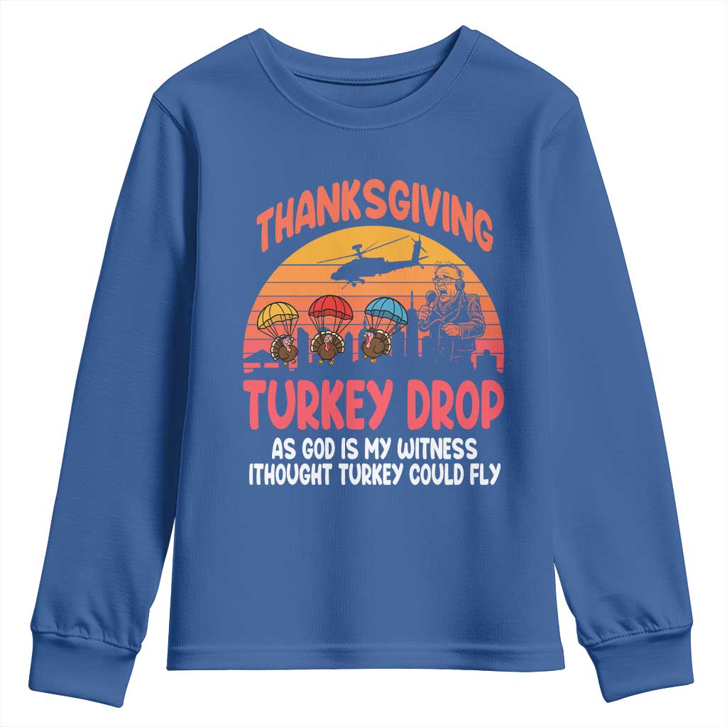 Retro Thanksgiving Turkey Drop Youth Sweatshirt Parachuting Turkeys Funny 70s Parody - Wonder Print Shop