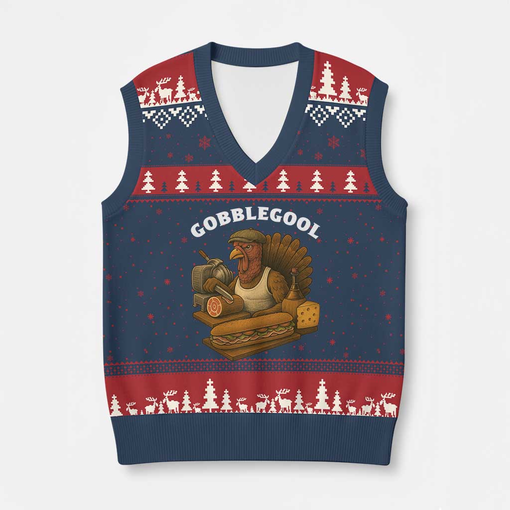 Gobblegool Funny Thanksgiving V-Neck Knit Sweater Vest Italian Turkey Deli Humor Sub Sandwich - Wonder Print Shop