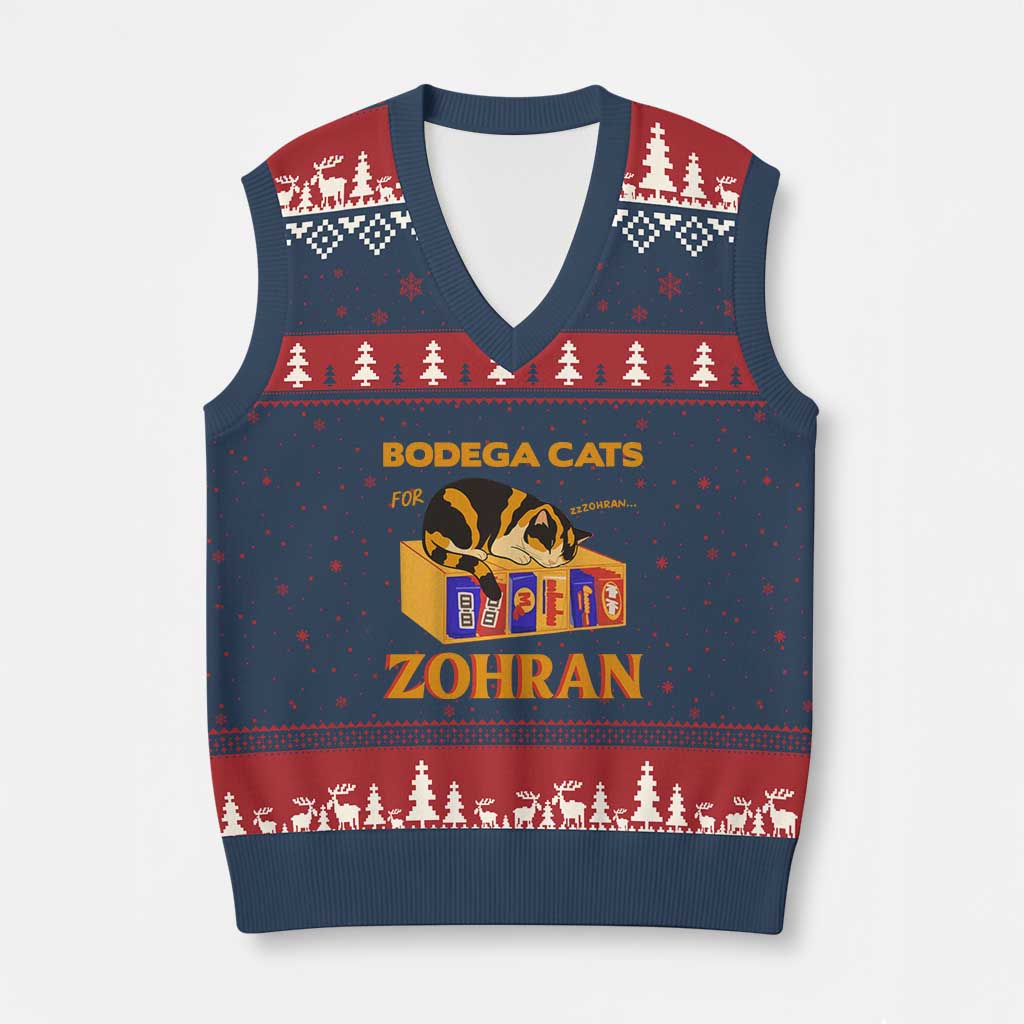 Bodega Cats for Zohran V-Neck Knit Sweater Vest New York Mamdani Supporter Mayor Cute Cat - Wonder Print Shop
