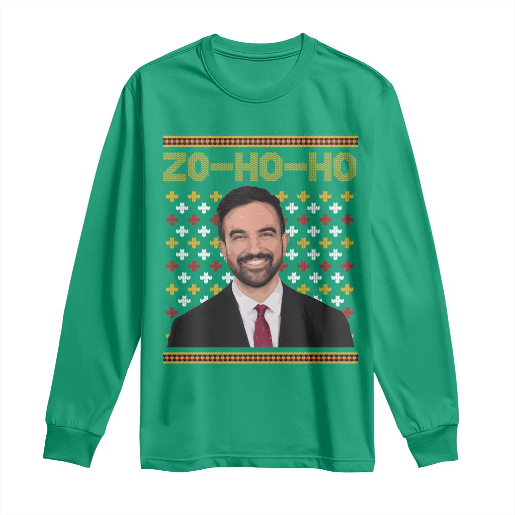 Zo Ho Ho Ugly Christmas Sweater Long Sleeve Shirt Funny Zohran Mamdani Holiday - Wonder Print Shop