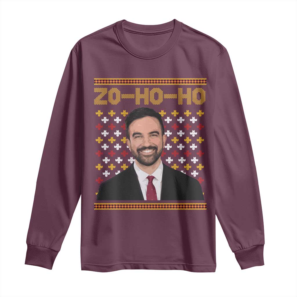 Zo Ho Ho Ugly Christmas Sweater Long Sleeve Shirt Funny Zohran Mamdani Holiday - Wonder Print Shop