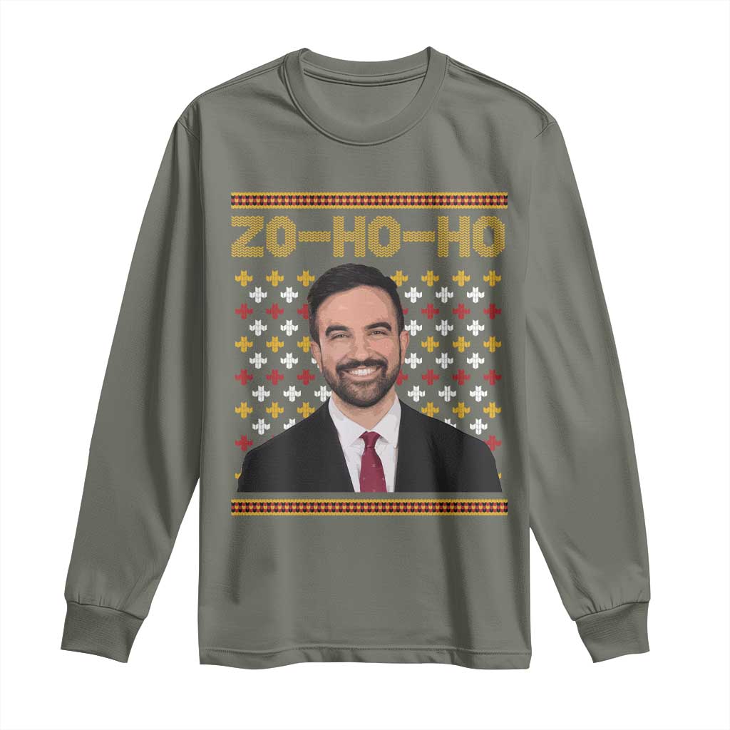 Zo Ho Ho Ugly Christmas Sweater Long Sleeve Shirt Funny Zohran Mamdani Holiday - Wonder Print Shop