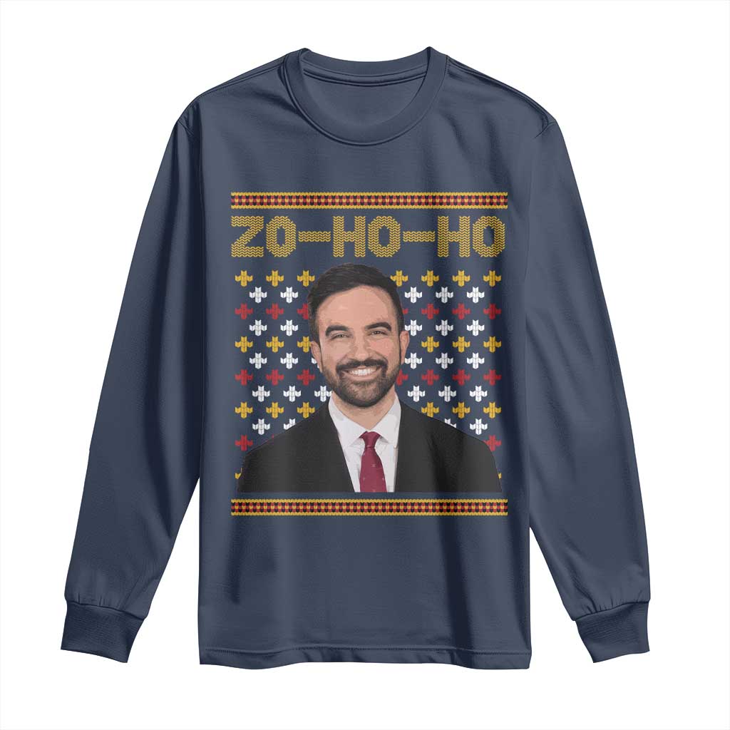 Zo Ho Ho Ugly Christmas Sweater Long Sleeve Shirt Funny Zohran Mamdani Holiday - Wonder Print Shop