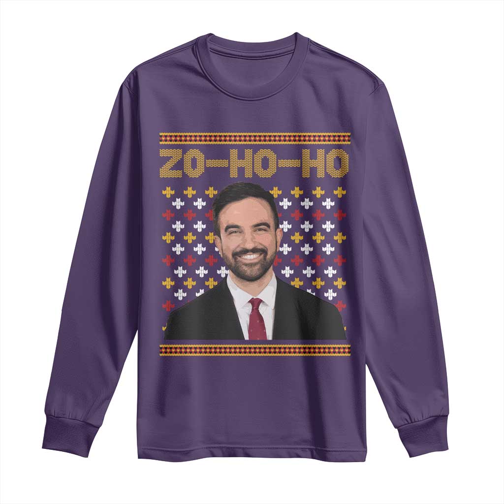 Zo Ho Ho Ugly Christmas Sweater Long Sleeve Shirt Funny Zohran Mamdani Holiday - Wonder Print Shop
