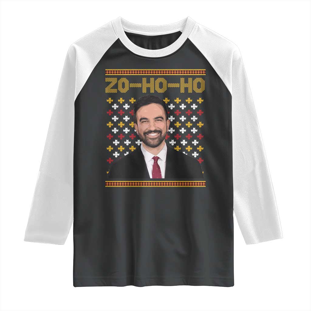 Zo Ho Ho Ugly Christmas Sweater Raglan Shirt Funny Zohran Mamdani Holiday - Wonder Print Shop