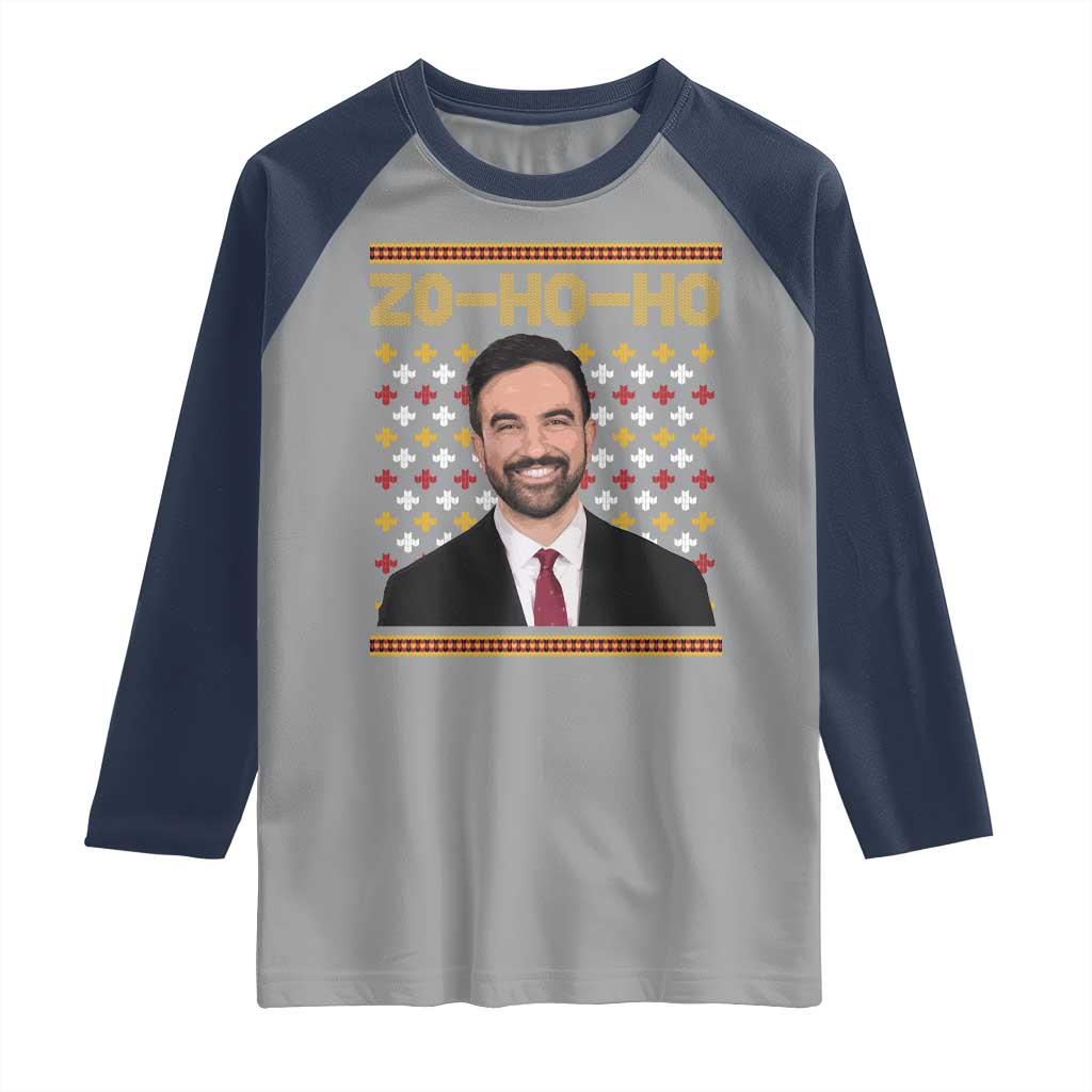 Zo Ho Ho Ugly Christmas Sweater Raglan Shirt Funny Zohran Mamdani Holiday - Wonder Print Shop