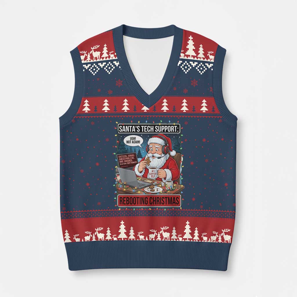 Funny Santa Tech Support Xmas V-Neck Knit Sweater Vest Rebooting Xmas Geek Humor Gift - Wonder Print Shop