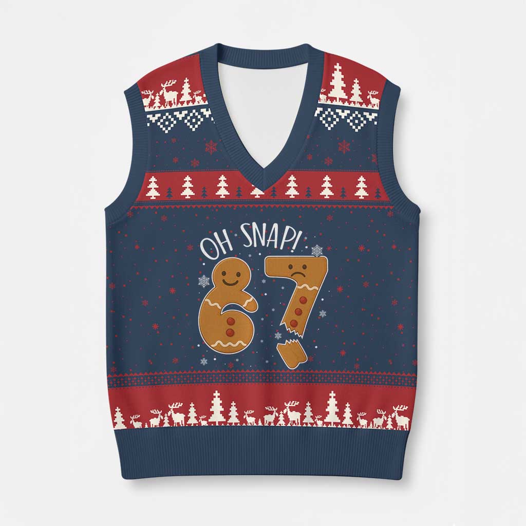 Oh Snap 67 Gingerbread Meme V-Neck Knit Sweater Vest Broken Cookie Six Seven Holiday Gag Xmas Vibes - Wonder Print Shop