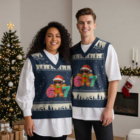 Funny 67 Meme Gingerbread Donut V-Neck Knit Sweater Vest Cool Xmas Cookie Six Seven Santa Hat Sprinkles - Wonder Print Shop