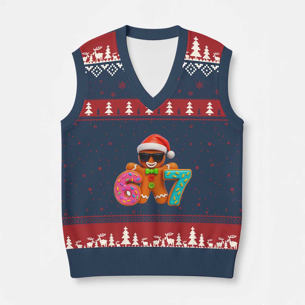 Funny 67 Meme Gingerbread Donut V-Neck Knit Sweater Vest Cool Xmas Cookie Six Seven Santa Hat Sprinkles - Wonder Print Shop