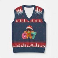 Funny 67 Meme Gingerbread Donut V-Neck Knit Sweater Vest Cool Xmas Cookie Six Seven Santa Hat Sprinkles - Wonder Print Shop