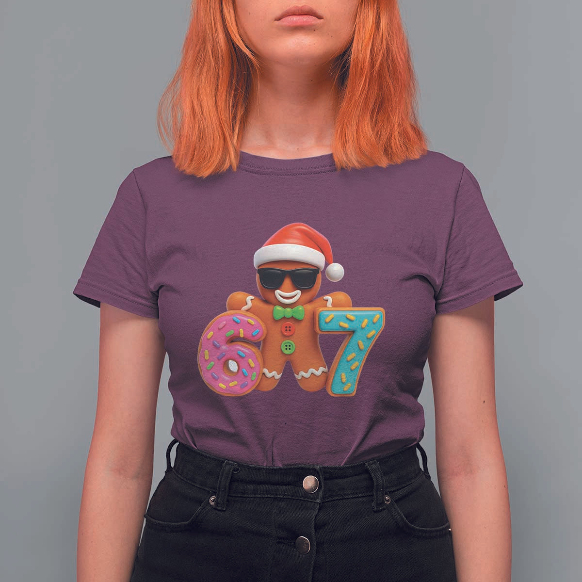 Funny 67 Meme Gingerbread Donut T Shirt For Women Cool Christmas Cookie Six Seven Santa Hat Sprinkles - Wonder Print Shop