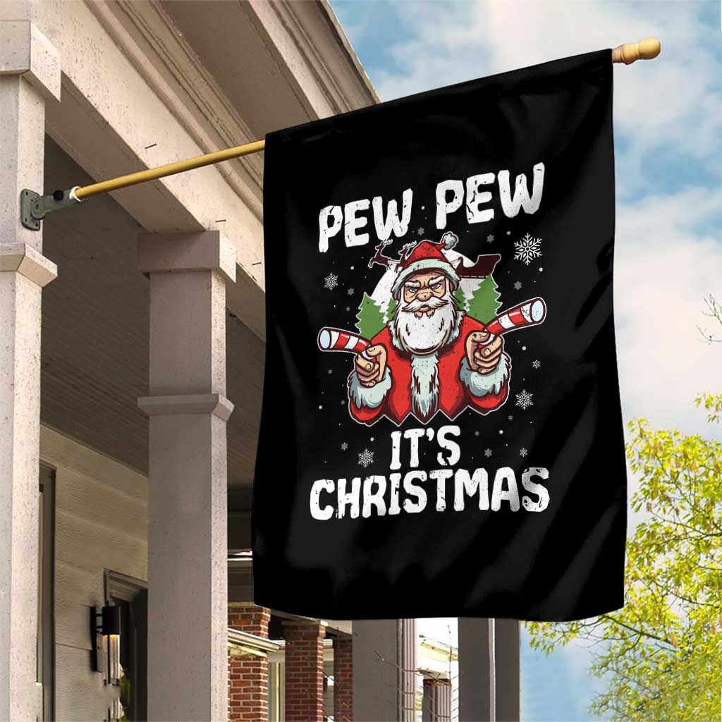 Funny Pew Pew Santa Christmas Garden Flag Angry Santa with Candy Cane Guns Holiday Humor - Wonder Print Shop