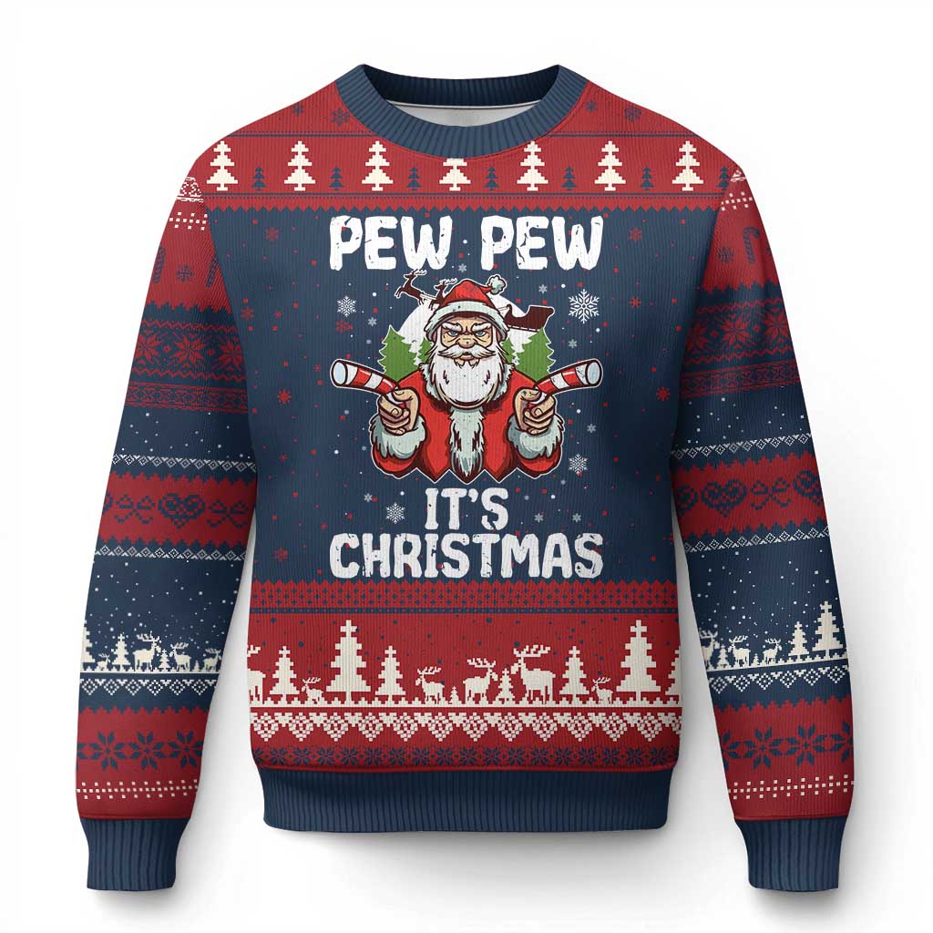 Funny Pew Pew Santa Xmas Ugly Christmas Sweater Angry Santa with Candy Cane Guns Holiday Humor - Wonder Print Shop