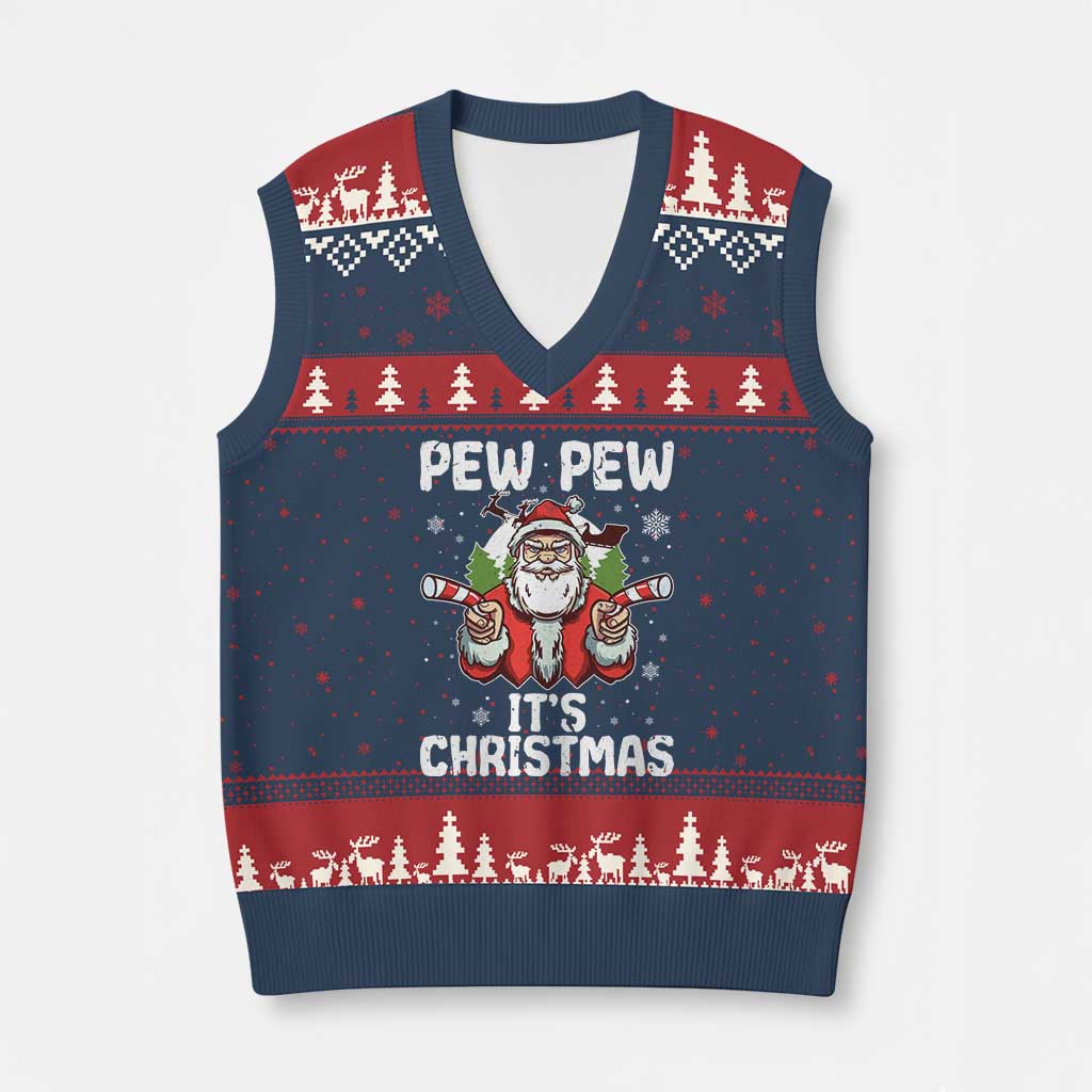 Funny Pew Pew Santa Xmas V-Neck Knit Sweater Vest Angry Santa with Candy Cane Guns Holiday Humor - Wonder Print Shop