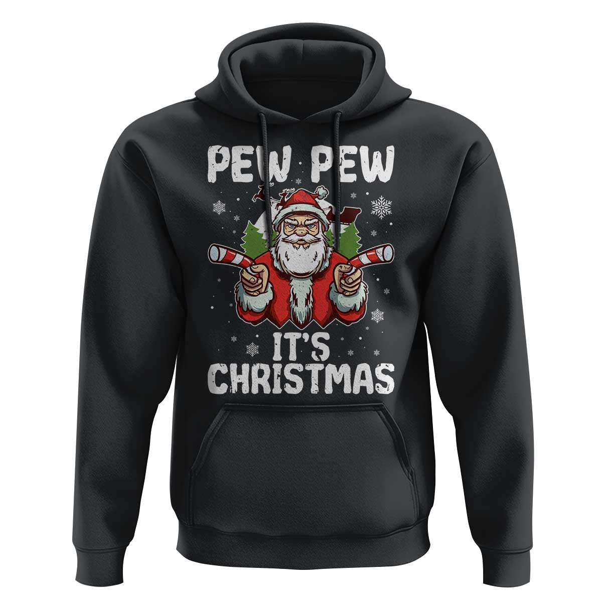 Funny Pew Pew Santa Christmas Hoodie Angry Santa with Candy Cane Guns Holiday Humor - Wonder Print Shop