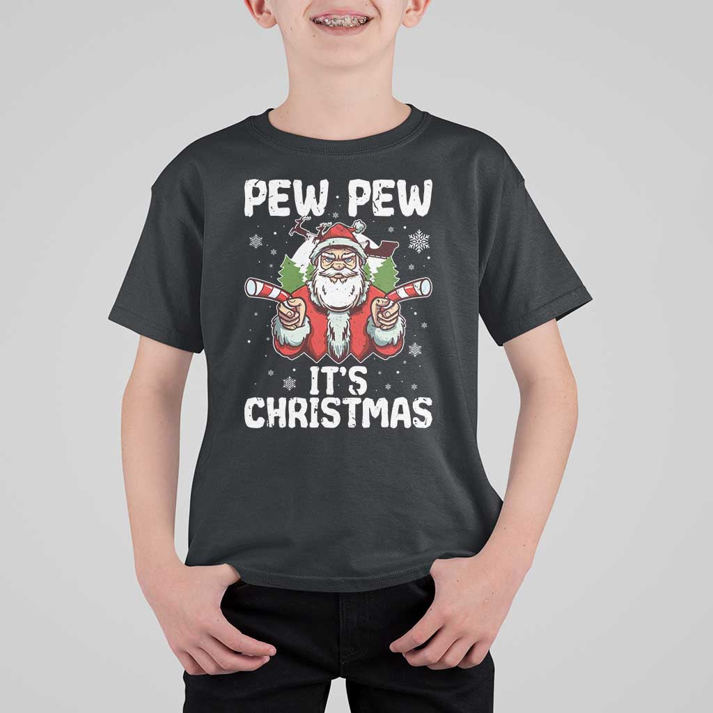 Funny Pew Pew Santa Christmas T Shirt For Kid Angry Santa with Candy Cane Guns Holiday Humor - Wonder Print Shop