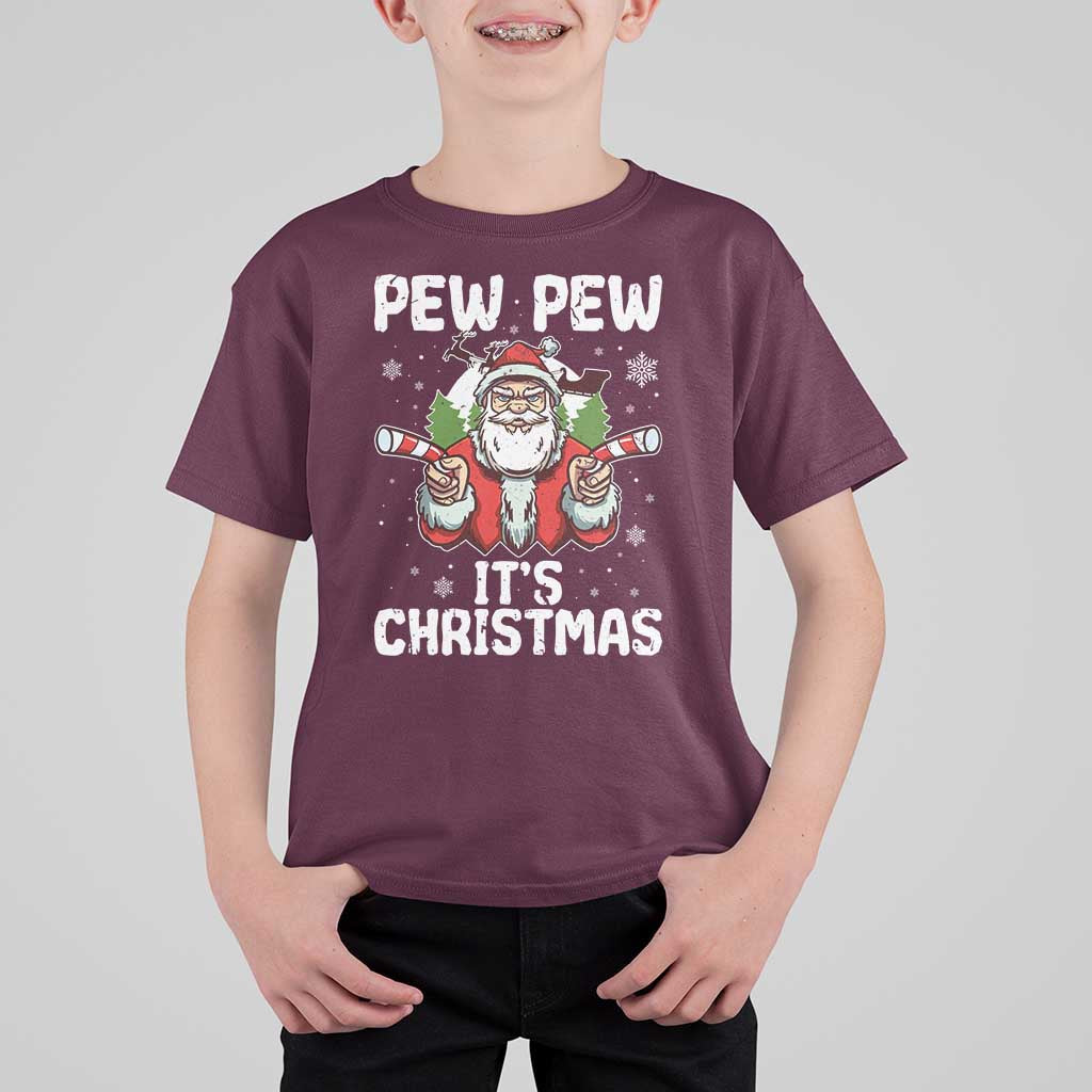 Funny Pew Pew Santa Christmas T Shirt For Kid Angry Santa with Candy Cane Guns Holiday Humor - Wonder Print Shop