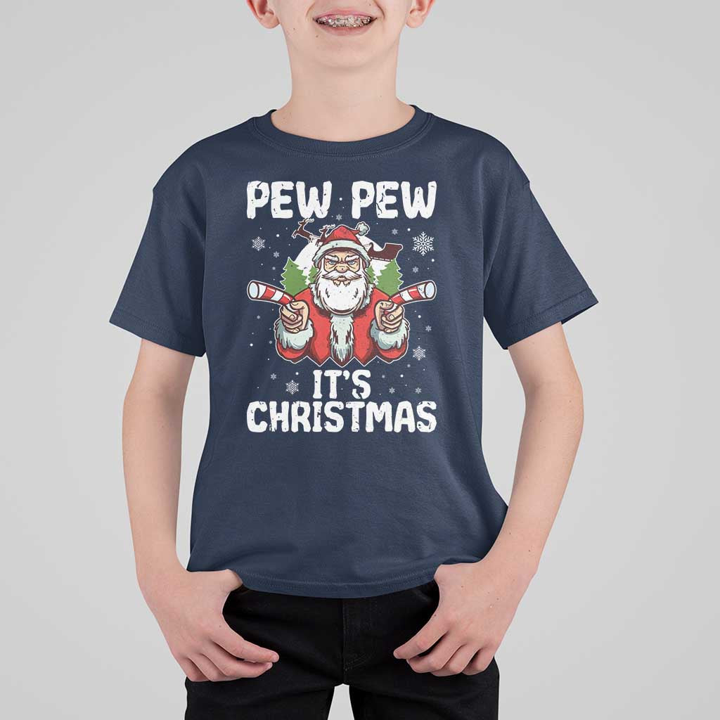 Funny Pew Pew Santa Christmas T Shirt For Kid Angry Santa with Candy Cane Guns Holiday Humor - Wonder Print Shop