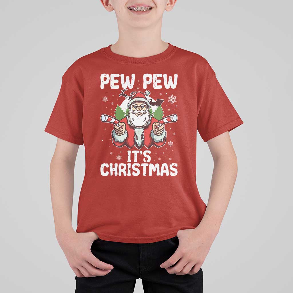 Funny Pew Pew Santa Christmas T Shirt For Kid Angry Santa with Candy Cane Guns Holiday Humor - Wonder Print Shop