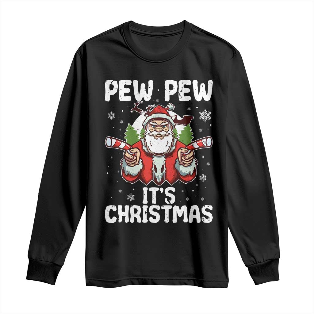 Funny Pew Pew Santa Christmas Long Sleeve Shirt Angry Santa with Candy Cane Guns Holiday Humor - Wonder Print Shop