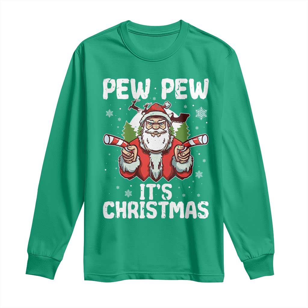 Funny Pew Pew Santa Christmas Long Sleeve Shirt Angry Santa with Candy Cane Guns Holiday Humor - Wonder Print Shop