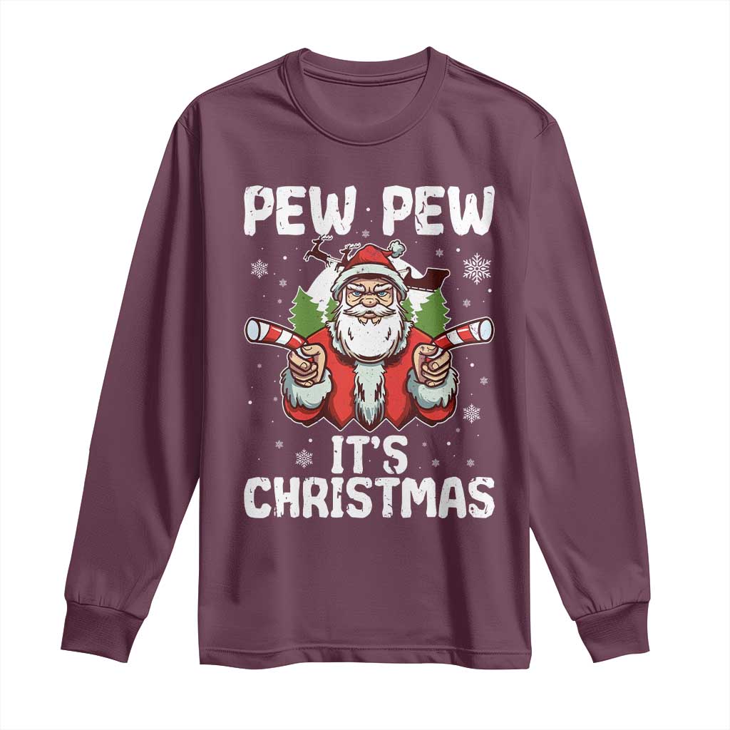 Funny Pew Pew Santa Christmas Long Sleeve Shirt Angry Santa with Candy Cane Guns Holiday Humor - Wonder Print Shop
