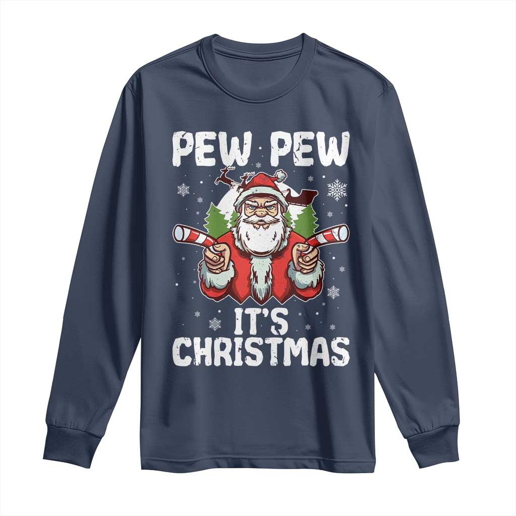 Funny Pew Pew Santa Christmas Long Sleeve Shirt Angry Santa with Candy Cane Guns Holiday Humor - Wonder Print Shop