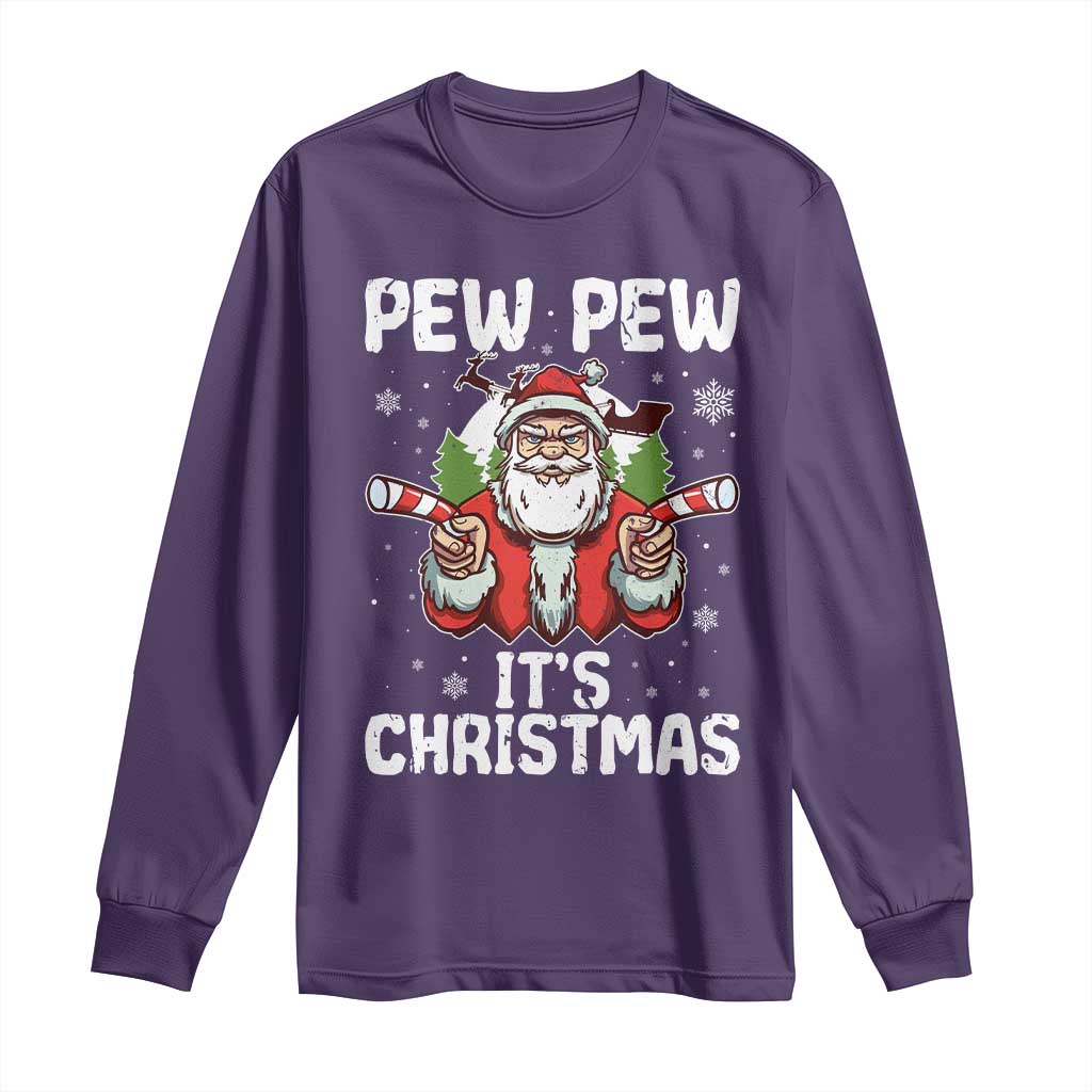 Funny Pew Pew Santa Christmas Long Sleeve Shirt Angry Santa with Candy Cane Guns Holiday Humor - Wonder Print Shop