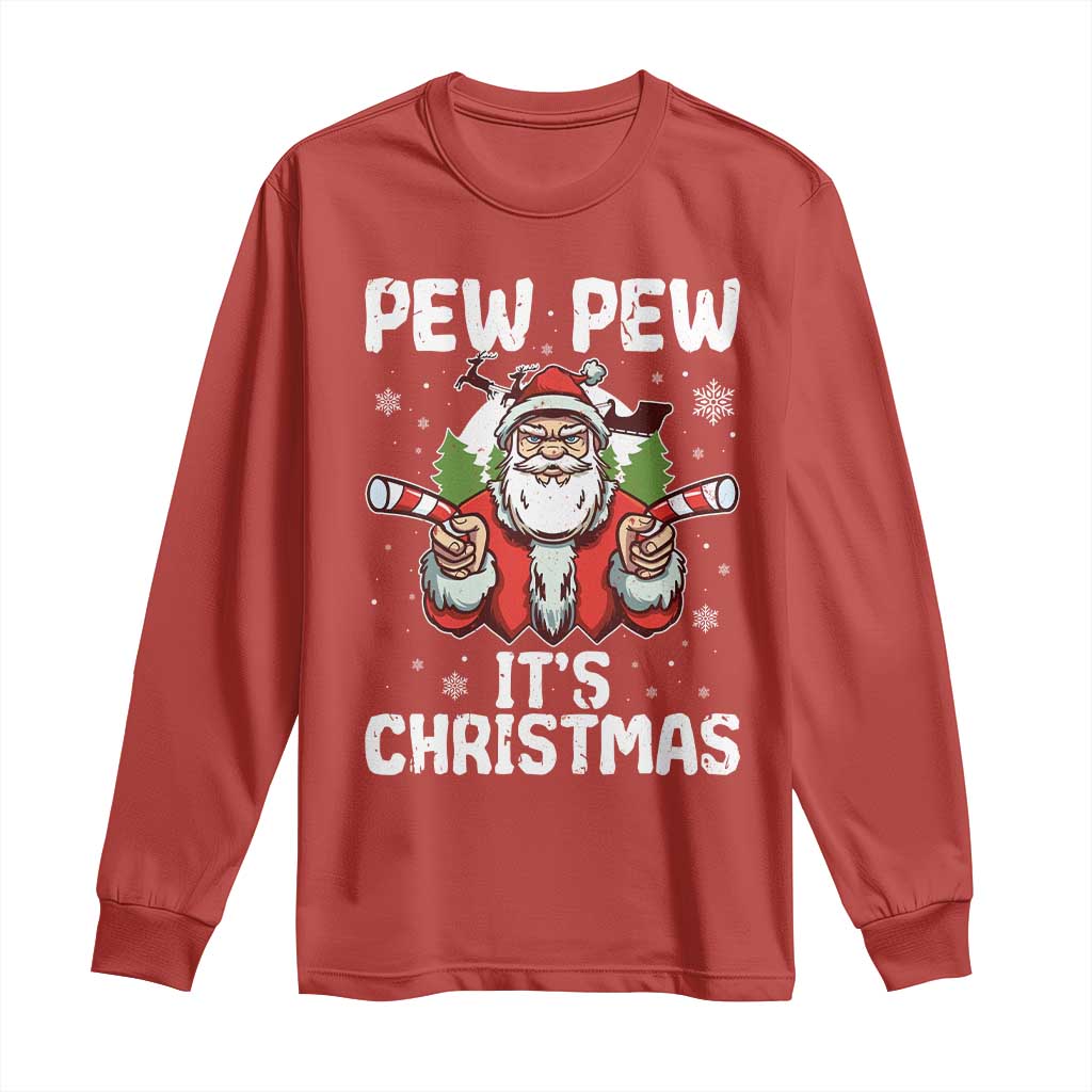 Funny Pew Pew Santa Christmas Long Sleeve Shirt Angry Santa with Candy Cane Guns Holiday Humor - Wonder Print Shop