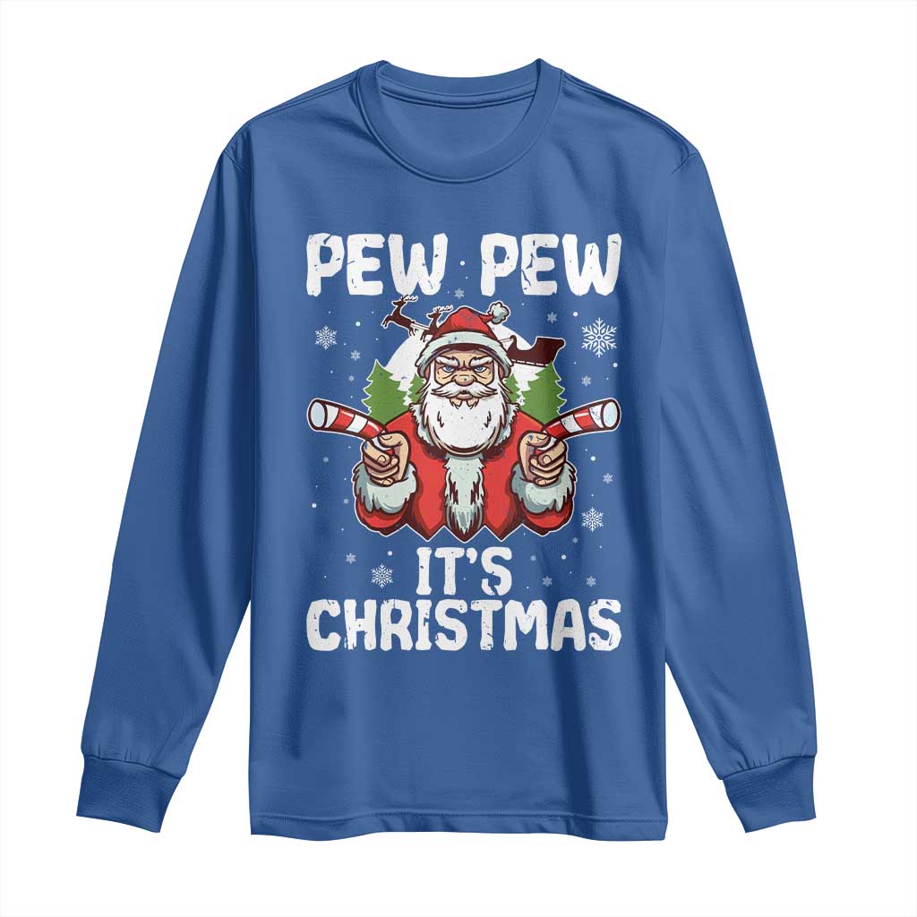 Funny Pew Pew Santa Christmas Long Sleeve Shirt Angry Santa with Candy Cane Guns Holiday Humor - Wonder Print Shop