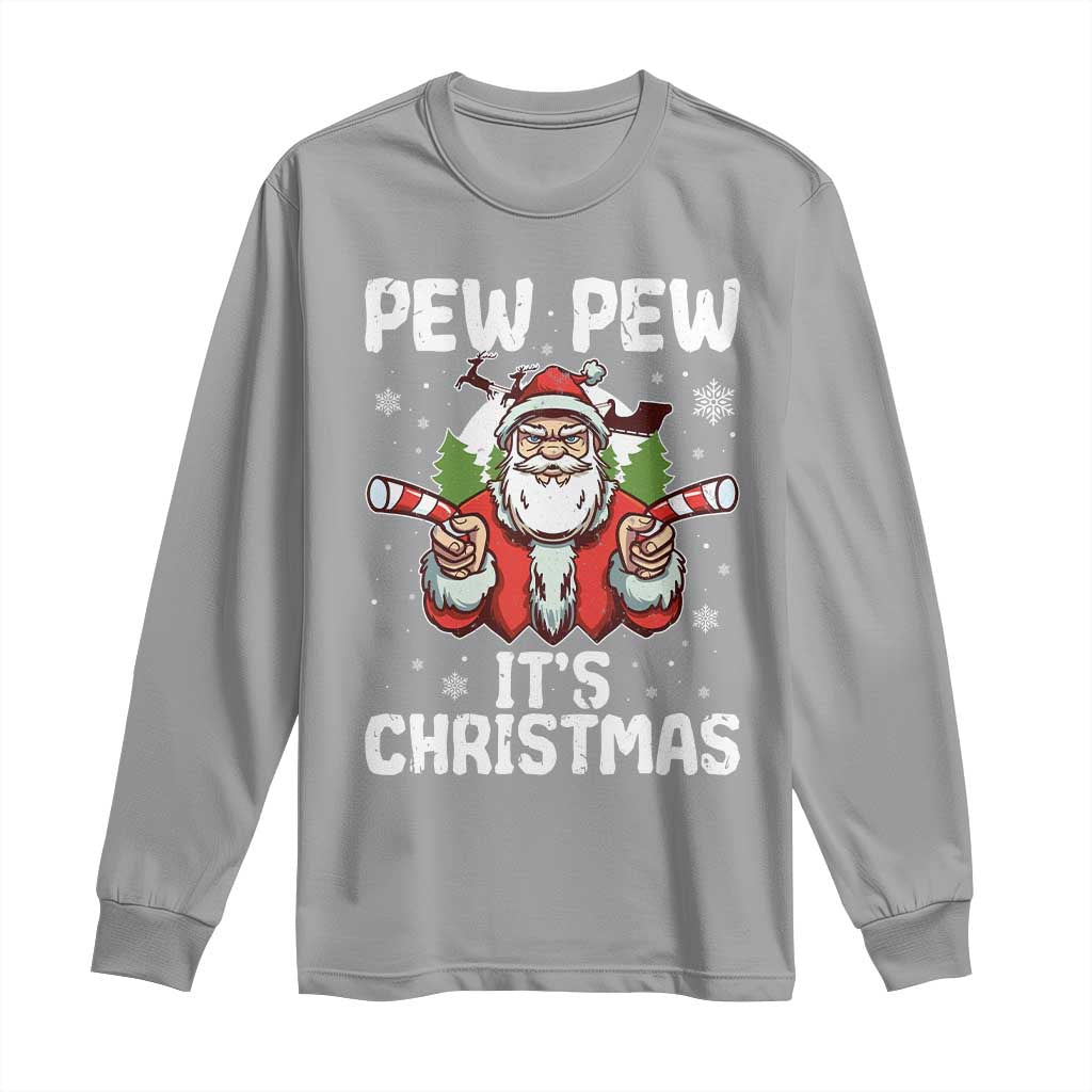 Funny Pew Pew Santa Christmas Long Sleeve Shirt Angry Santa with Candy Cane Guns Holiday Humor - Wonder Print Shop