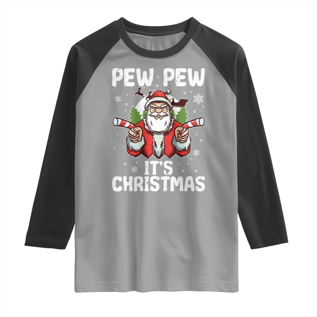 Funny Pew Pew Santa Christmas Raglan Shirt Angry Santa with Candy Cane Guns Holiday Humor - Wonder Print Shop