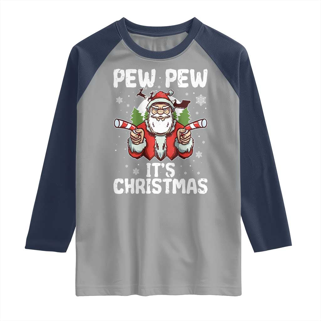 Funny Pew Pew Santa Christmas Raglan Shirt Angry Santa with Candy Cane Guns Holiday Humor - Wonder Print Shop