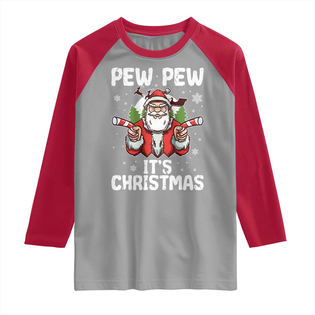 Funny Pew Pew Santa Christmas Raglan Shirt Angry Santa with Candy Cane Guns Holiday Humor - Wonder Print Shop