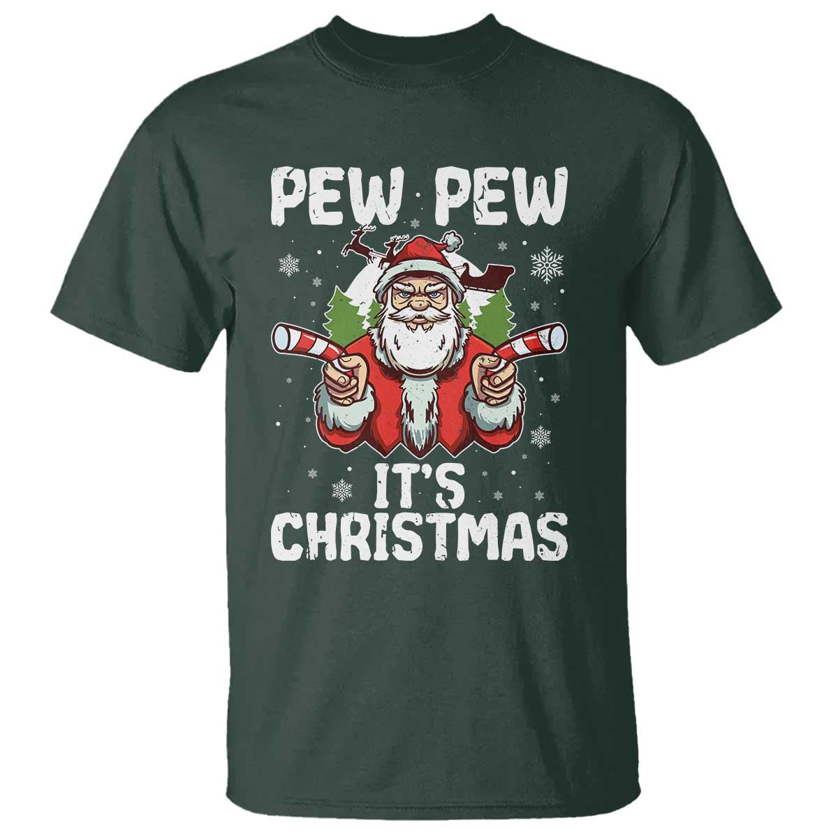 Funny Pew Pew Santa Christmas T Shirt Angry Santa with Candy Cane Guns Holiday Humor - Wonder Print Shop
