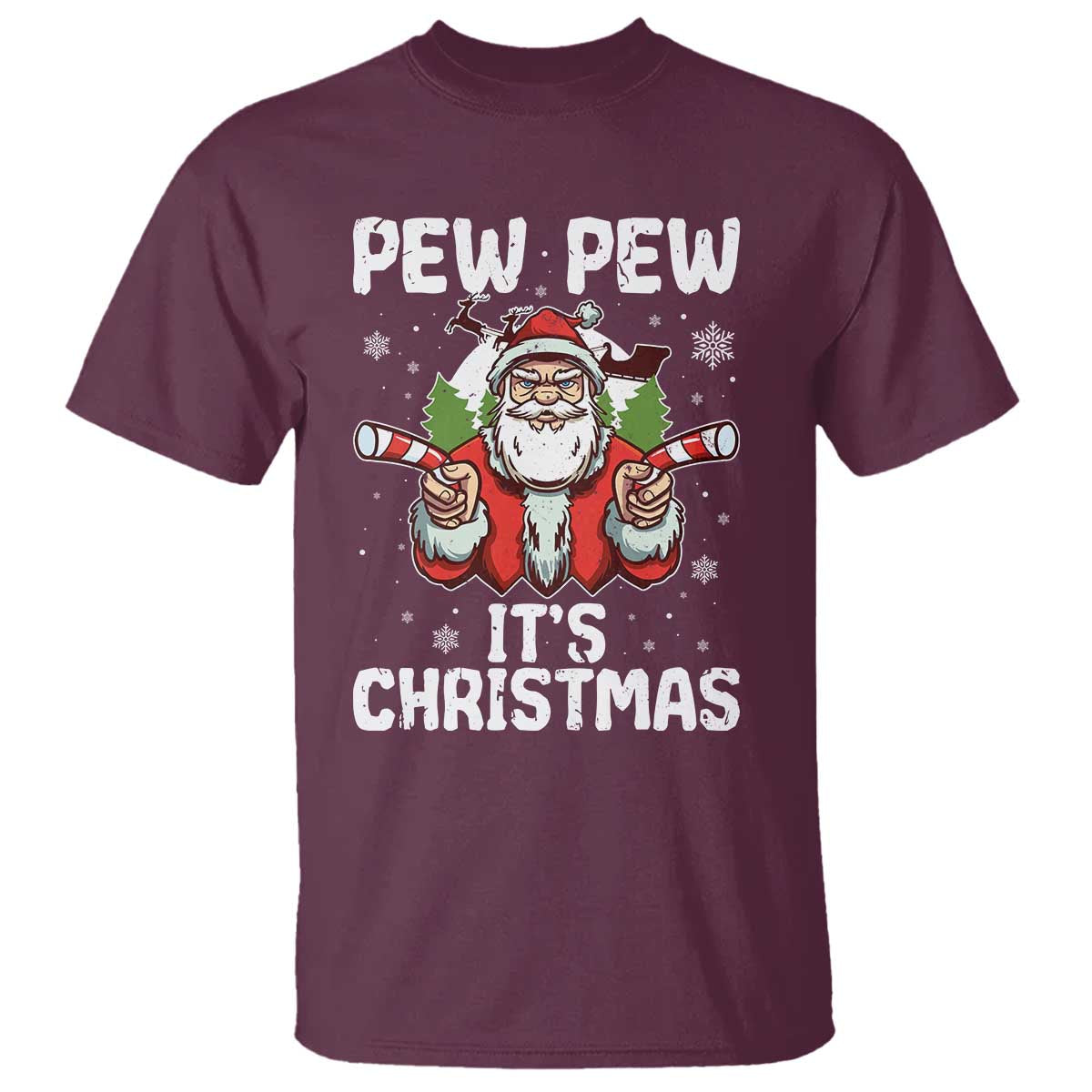 Funny Pew Pew Santa Christmas T Shirt Angry Santa with Candy Cane Guns Holiday Humor - Wonder Print Shop